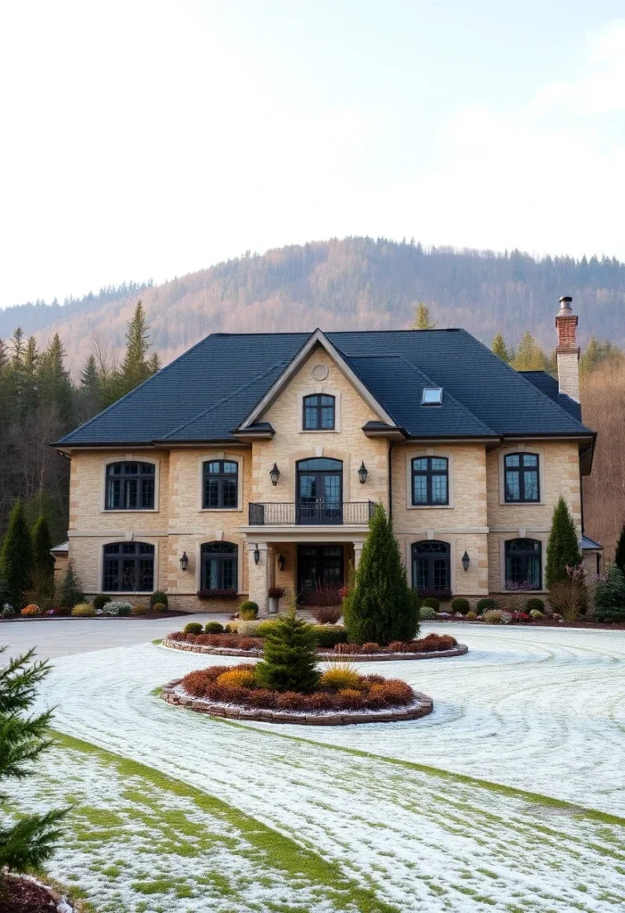 Circular garden path leading to the entrance, with snow-covered grass and vibrant plants surrounding the front yard, creating a welcoming and elegant atmosphere.