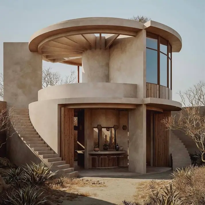 A sculptural modern concrete home with a circular design and an exterior spiral staircase in a desert-like landscape.