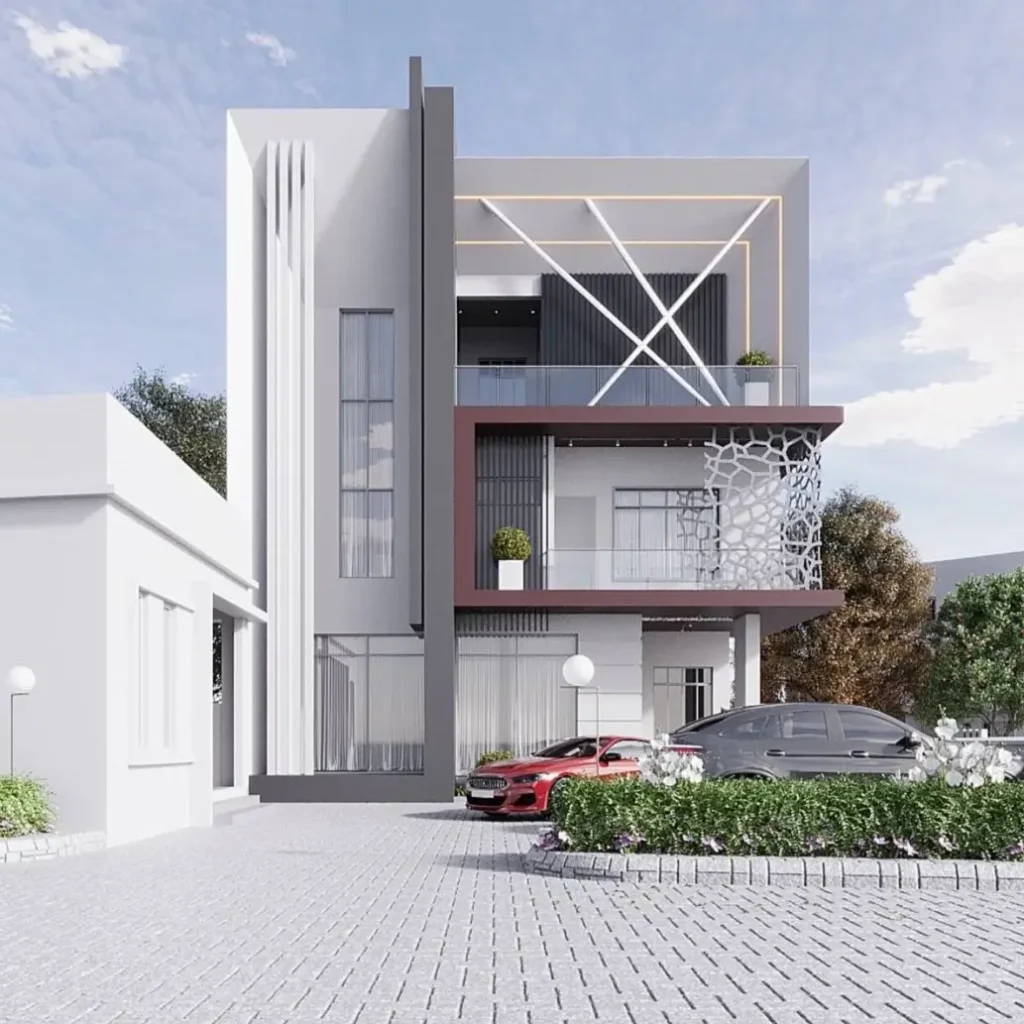 A modern home facade architectural idea using layered materials, including a decorative laser-cut screen.