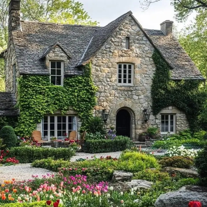 A romantic stone cottage with climbing ivy on its walls, surrounded by a vibrant garden of colorful tulips.
