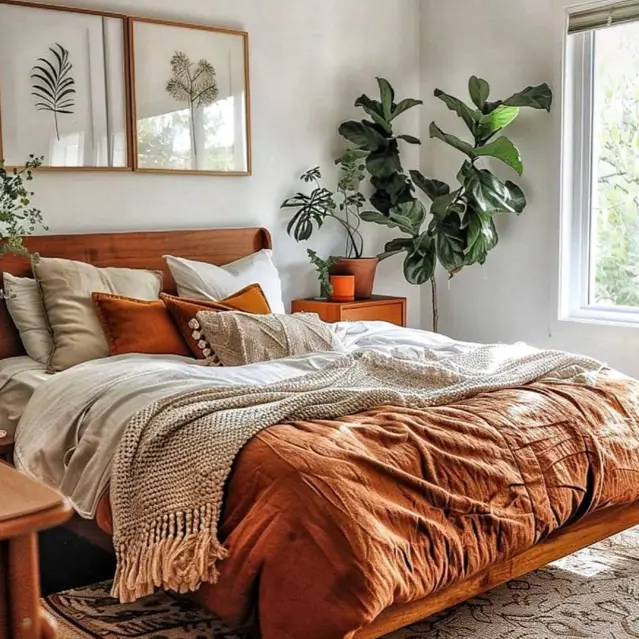 A cozy bedroom with a wooden bed dressed in warm terracotta and beige layered bedding, next to a large plant.