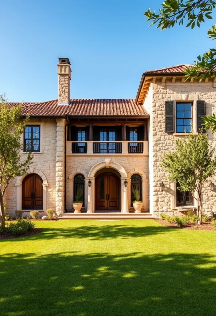 Charming Italian countryside home with traditional Tuscan style, featuring a colorful, flower-lined brick pathway.