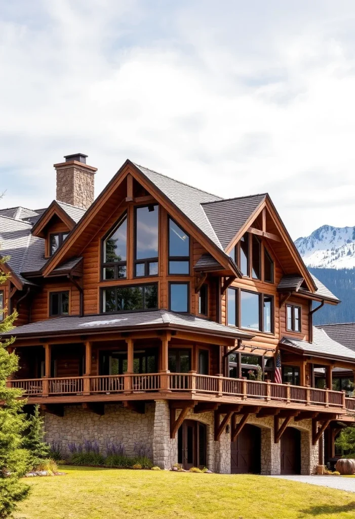 A large wooden mountain home with a wrap-around deck and snow-capped mountains in the background.