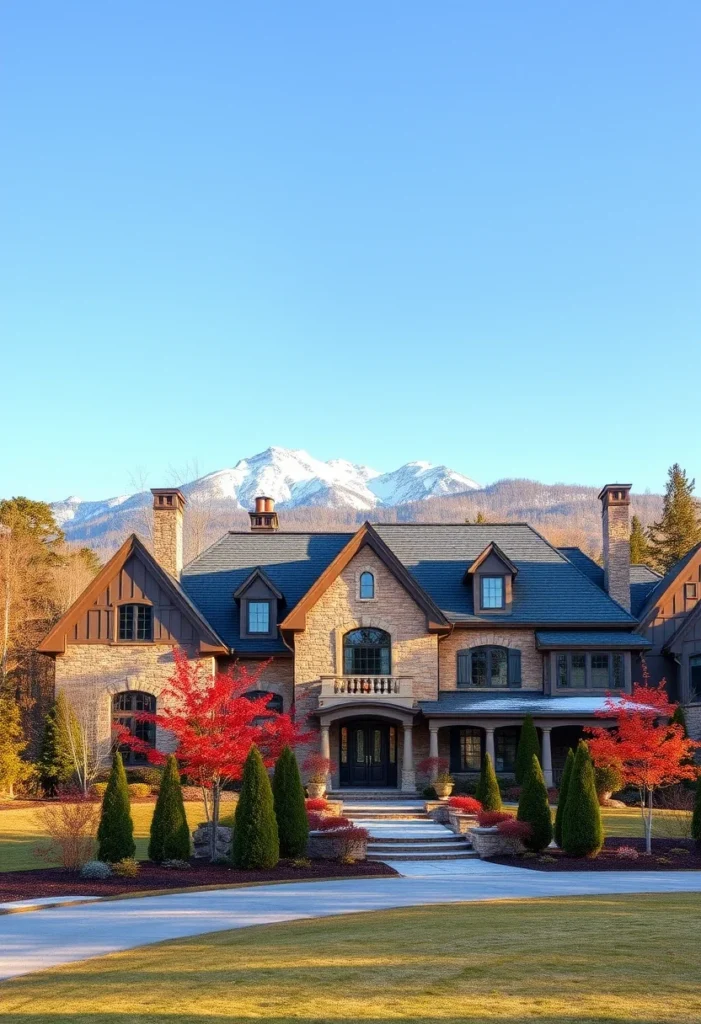 Bright red trees lining the pathway add a vibrant touch to the front yard, complementing the stone mansion and surrounding landscape.