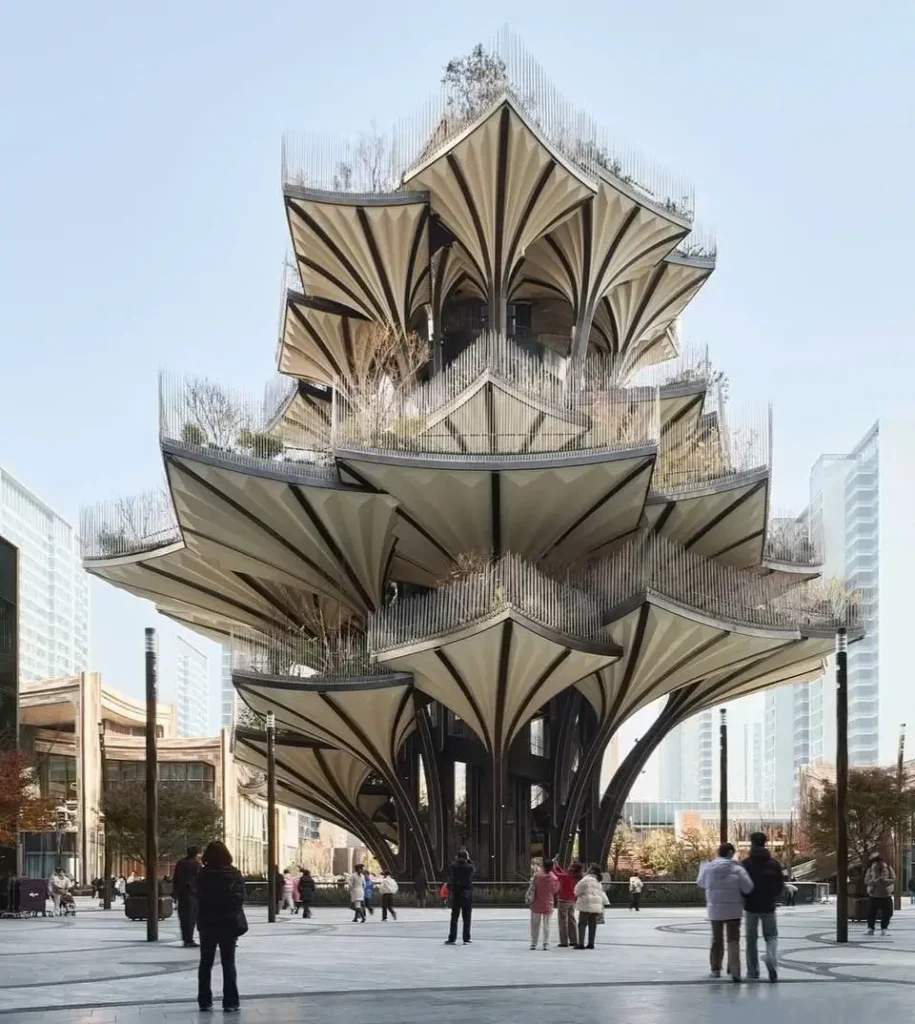 An architectural concept of a building that blooms upwards with organic, petal-like tiers holding elevated gardens.