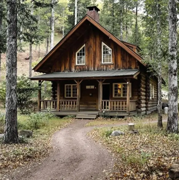 60 Charming Small Log Cabin Ideas to Inspire Your Rustic Retreat 15 A two-story log cabin with arched windows and a covered porch, at the end of a winding path in the woods.