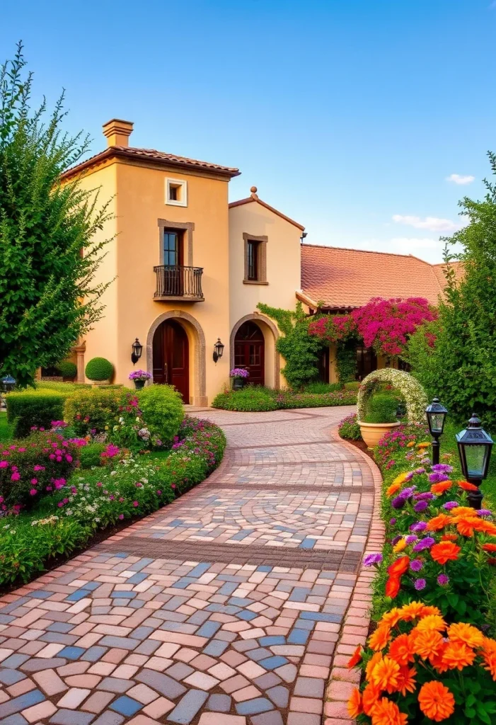 Serene Italian countryside home with traditional Tuscan style, featuring a blossom-lined cobblestone pathway and vibrant gardens.