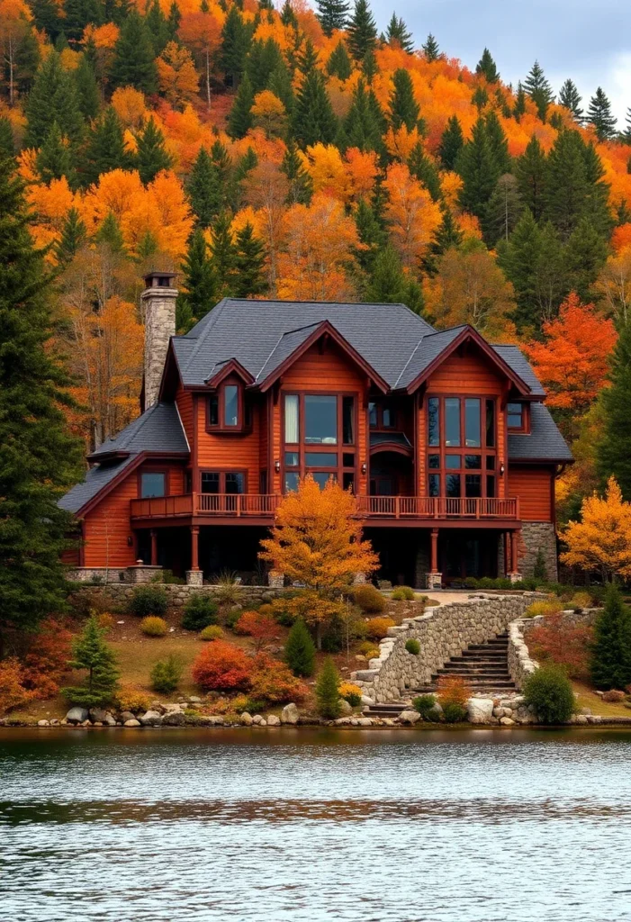  A wooden mountain home with a stone chimney, surrounded by colorful autumn trees and a lake.