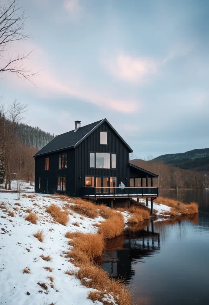 Black house with a wraparound deck by a lake in a snowy landscape