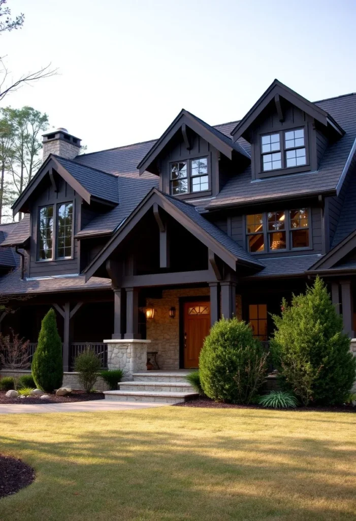 Dark gray Craftsman with dormer windows