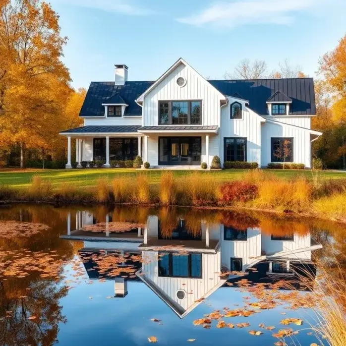A modern white farmhouse with a black metal roof reflected perfectly in a still pond, surrounded by golden autumn trees under a blue sky.