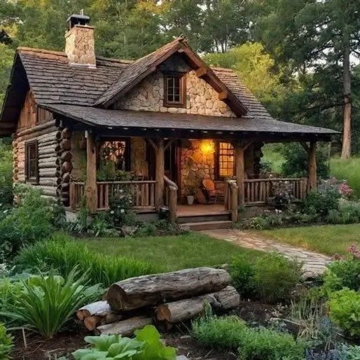 60 Charming Small Log Cabin Ideas to Inspire Your Rustic Retreat 16 A charming small log cabin with stone gables and a covered porch, surrounded by a beautiful cottage garden.