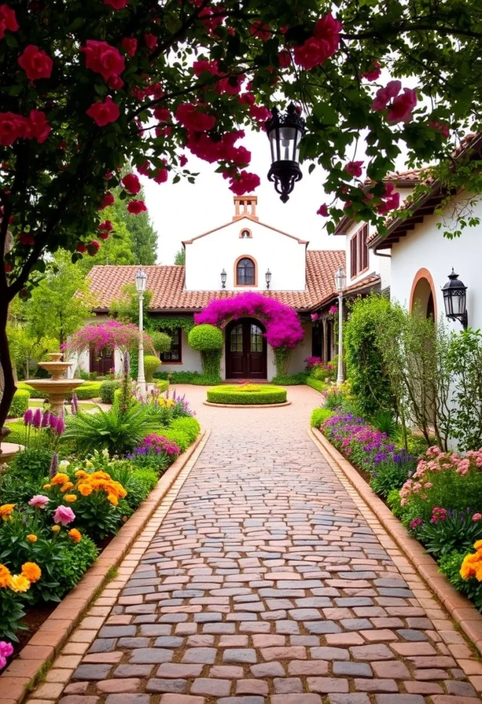 Charming Casa de Campo with traditional Tuscan style, featuring a vibrant, flower-lined pathway and classic architectural details.