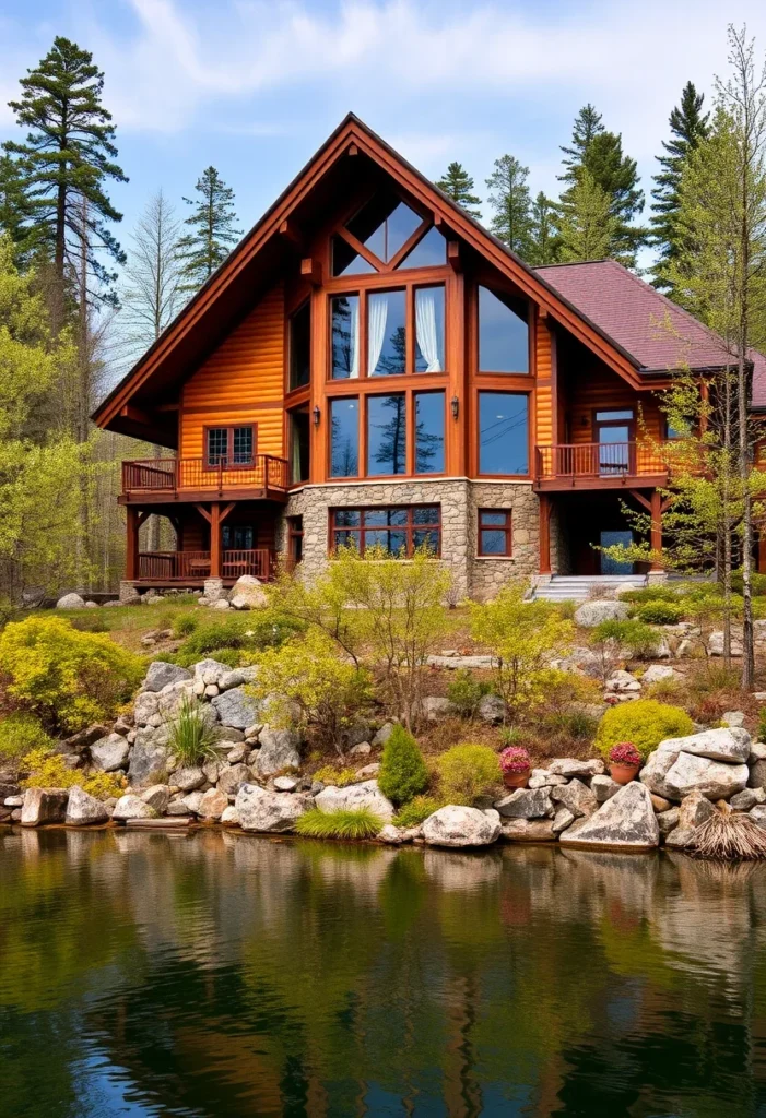  A wooden mountain home with large windows and a stone base overlooking a pond.