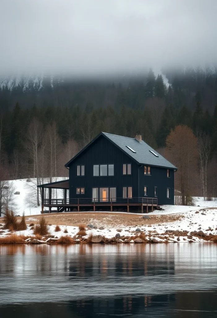 Black house with sunset glow and snowy lakefront setting