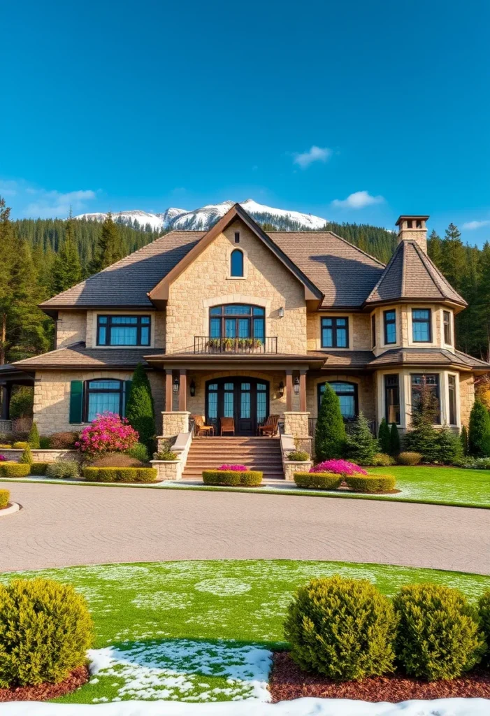 Seasonal flowers in pink and purple brighten up the front yard of this stone mansion, contrasting with the lush green lawn and complementing the serene mountain backdrop.