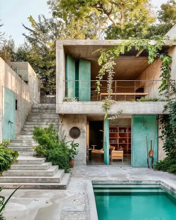 A tropical brutalist house with raw concrete walls, accented by weathered turquoise doors and surrounded by a swimming pool and lush plants.