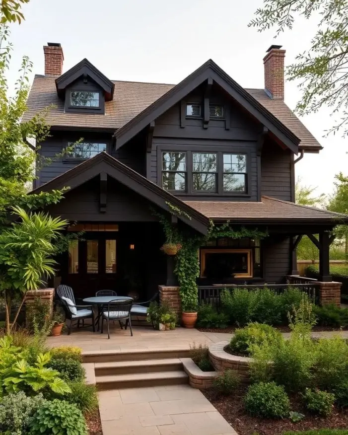 A dark, monochromatic craftsman house exterior with matching trim, a stone patio, and lush green landscaping.