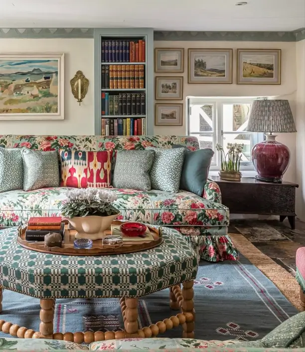 A sophisticated living room in the English country house style with a blue velvet armchair and a mix of patterned pillows.