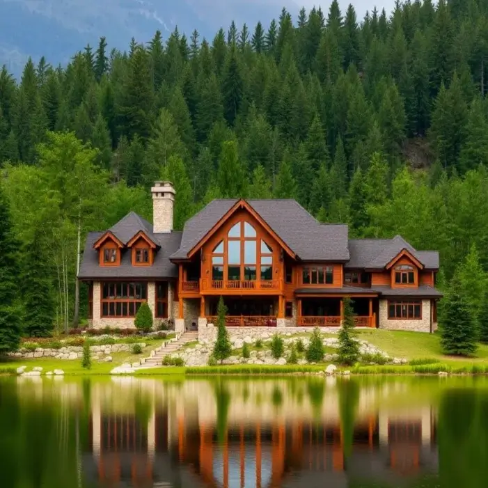 16 Mountain Mansions That Define Luxury Alpine Living 19 A picturesque lakeside mountain mansion and the surrounding pine forest captured in a perfect, mirror-like reflection on the calm water.