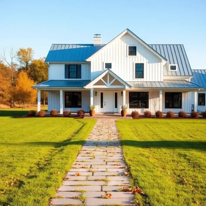 A modern white farmhouse with a light gray standing-seam metal roof and a rustic stone paver walkway leading to the front door on a sunny day.