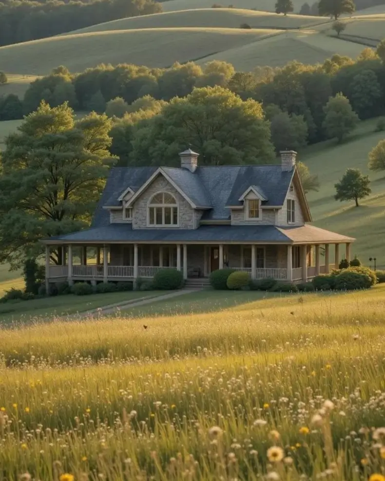 A large stone house with a wraparound porch overlooking rolling green hills at sunrise.