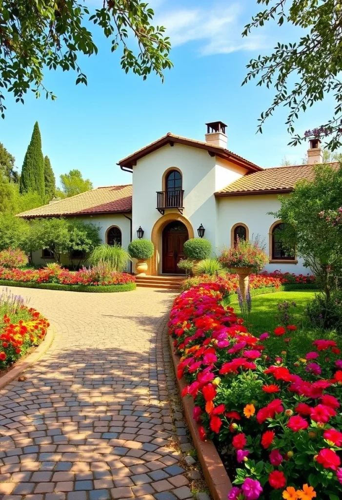 Charming Casa de Campo with traditional Tuscan style, featuring a vibrant, flower-lined pathway and classic architectural details.