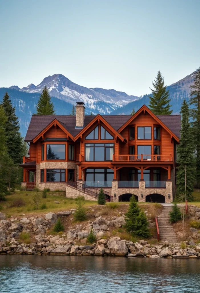 A wooden mountain home with a stone base and a mountain range in the background, seen across a body of water.