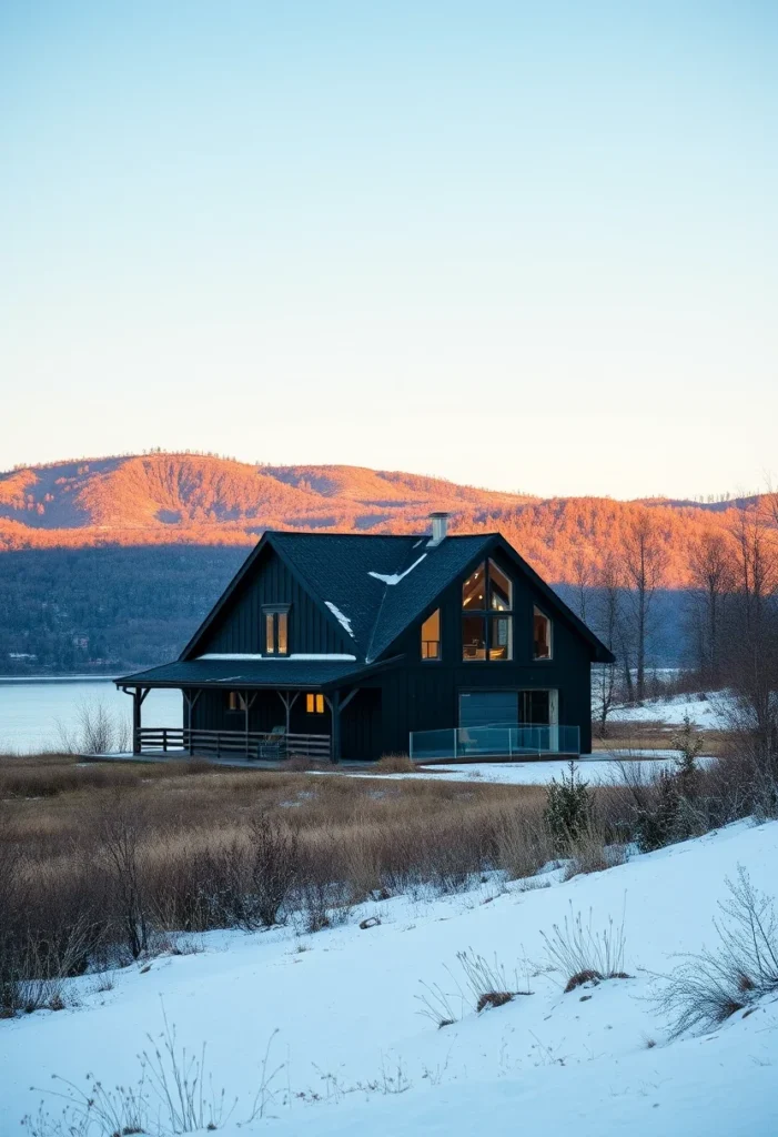 Black house by a lake with golden sunrise glow on the hillside