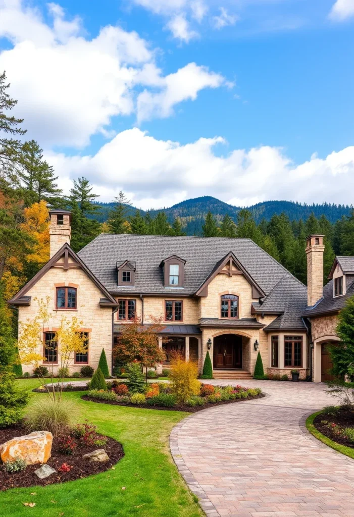 Natural stone accents near the front walk of this stone mansion add a touch of rustic charm, complementing the vibrant greenery and landscaping. The stone contrasts beautifully with the lush, well-maintained lawn.