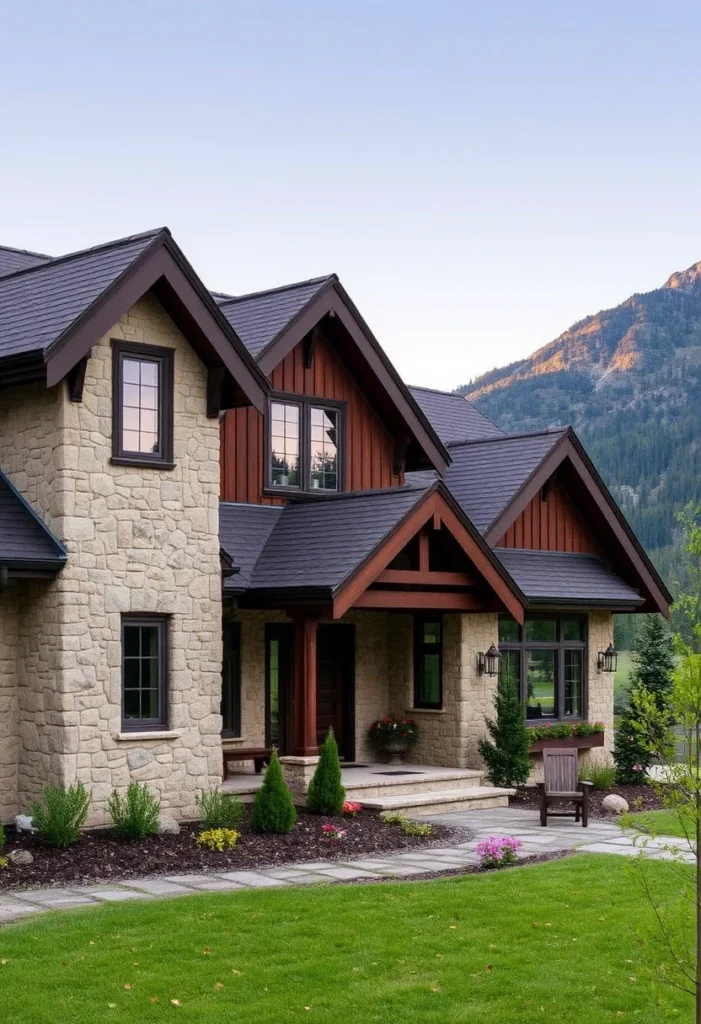 Craftsman home with stone facade, mountain view