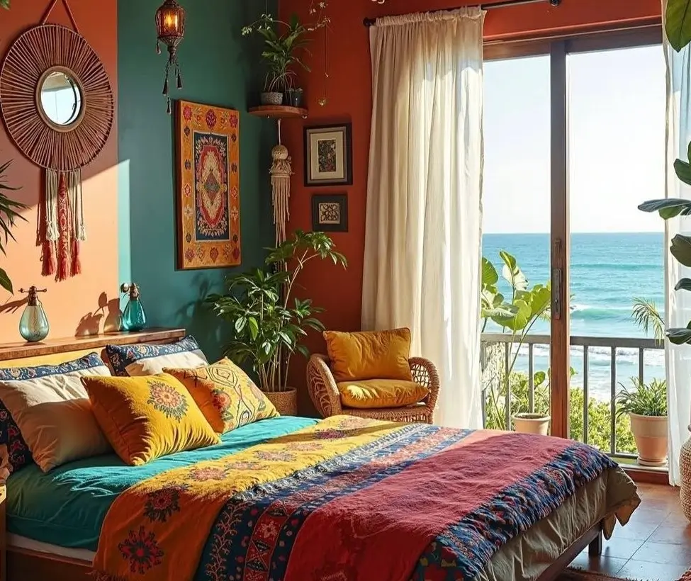 A vibrant boho bedroom with terracotta and teal accent walls, a large woven mirror, and a colorful bed overlooking the ocean.
