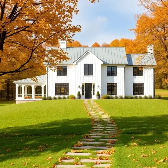 A large, white modern farmhouse with black windows and a gray metal roof, framed by vibrant orange autumn trees, with a stone path leading up the grassy hill.
