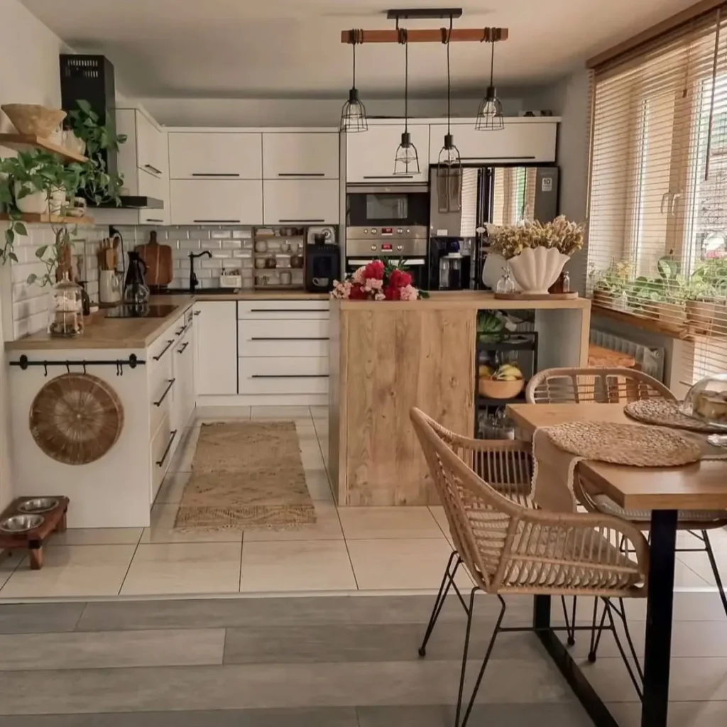 A modern rustic kitchen blending bohemian style with white cabinets, a wood island, and woven rattan dining chairs.