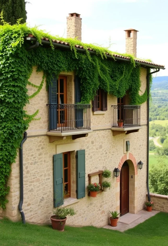 Charming Italian countryside home with traditional Tuscan style, featuring vine-draped stone walls and balconies overlooking the landscape.