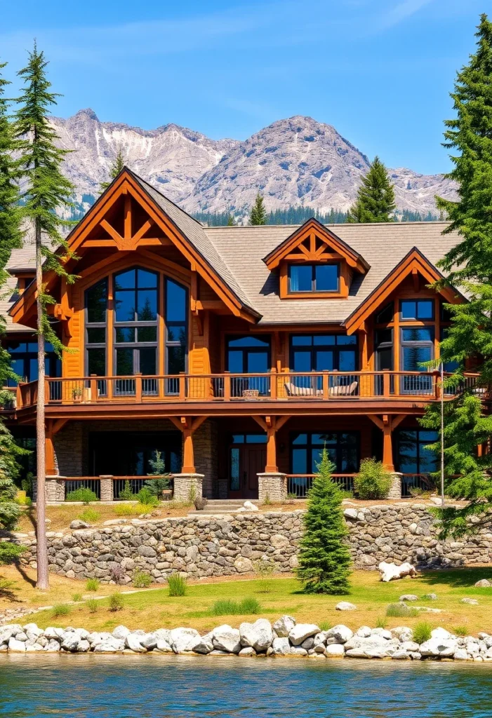 A wooden mountain home with a stone base and a mountain range in the background, situated near a body of water.