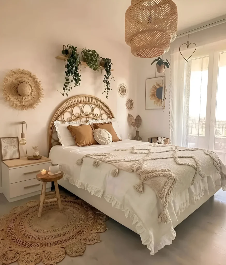 Bohemian bedroom with rattan headboard.