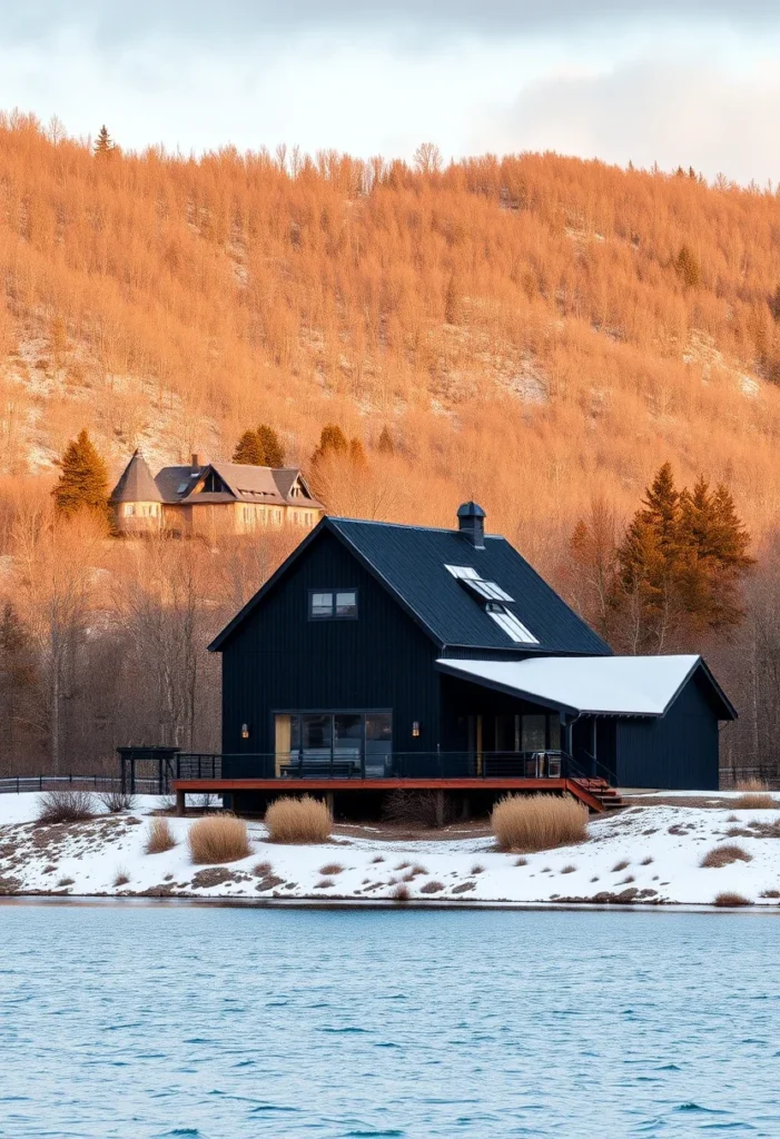 Black house reflected on a tranquil lake with dry grasses and a snowy backdrop