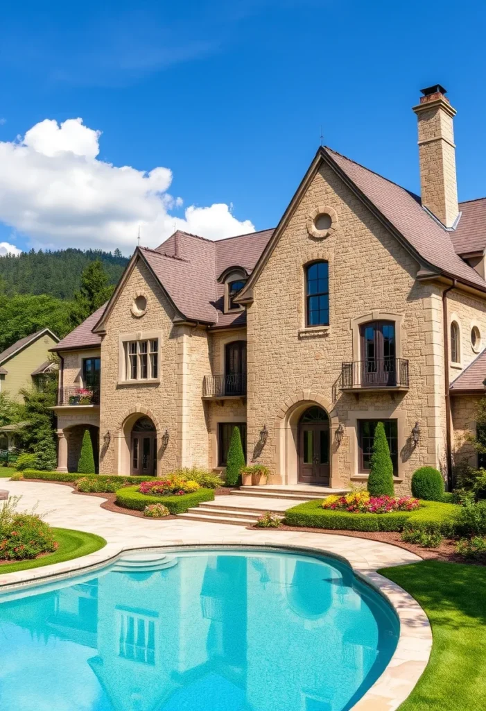 Beautiful pool in front of the stone mansion, surrounded by manicured bushes and vibrant flowers, offering a luxurious and serene outdoor space for relaxation.