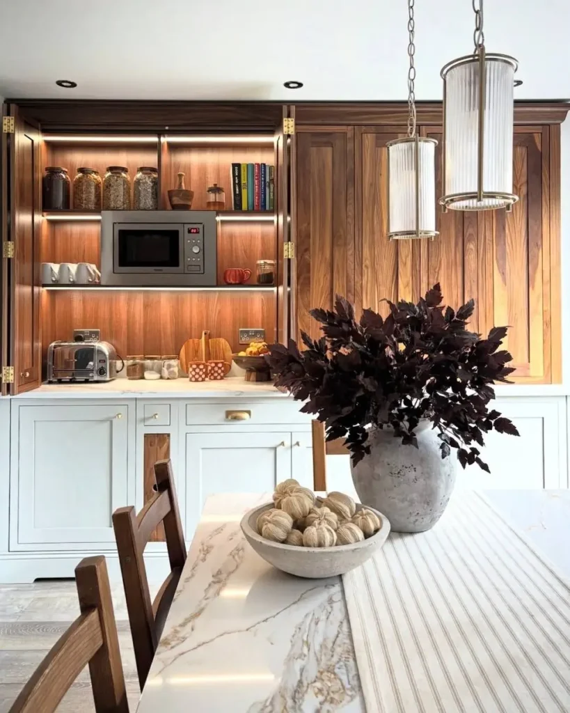 A modern rustic kitchen with a dark wood concealed appliance garage featuring integrated lighting and a marble dining table.