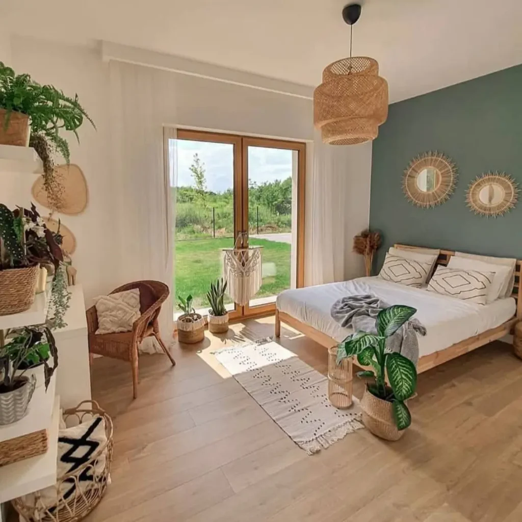 A bright, natural bedroom with a sage green accent wall, a wooden bed, and a large wicker pendant light.