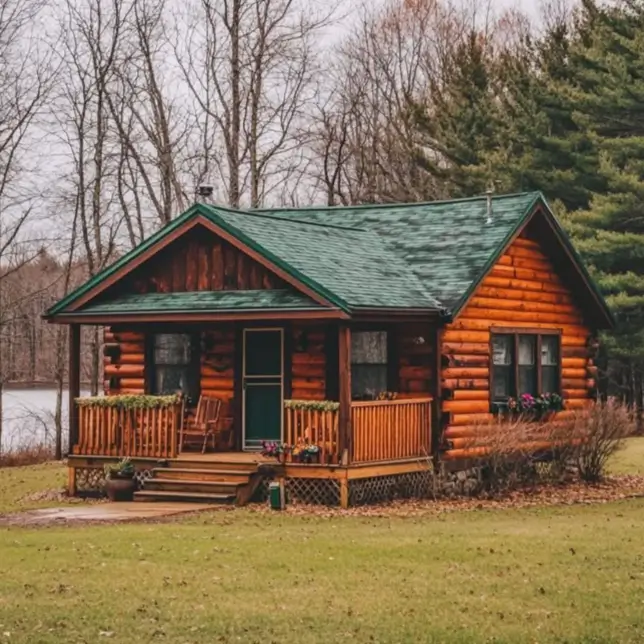 Small Log Cabins: 36 Ideas for Cozy Living & Enduring Charm 20 A small log cabin with a green shingle roof and matching green trim, situated near a lake.