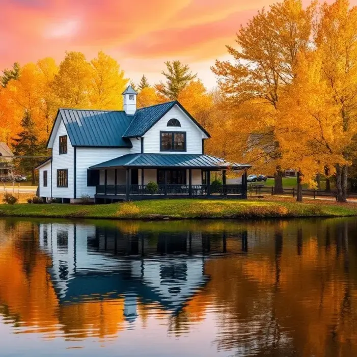 A white farmhouse with a dark porch and roof, reflected in a lake at sunset, surrounded by golden autumn trees under a pink and orange sky.