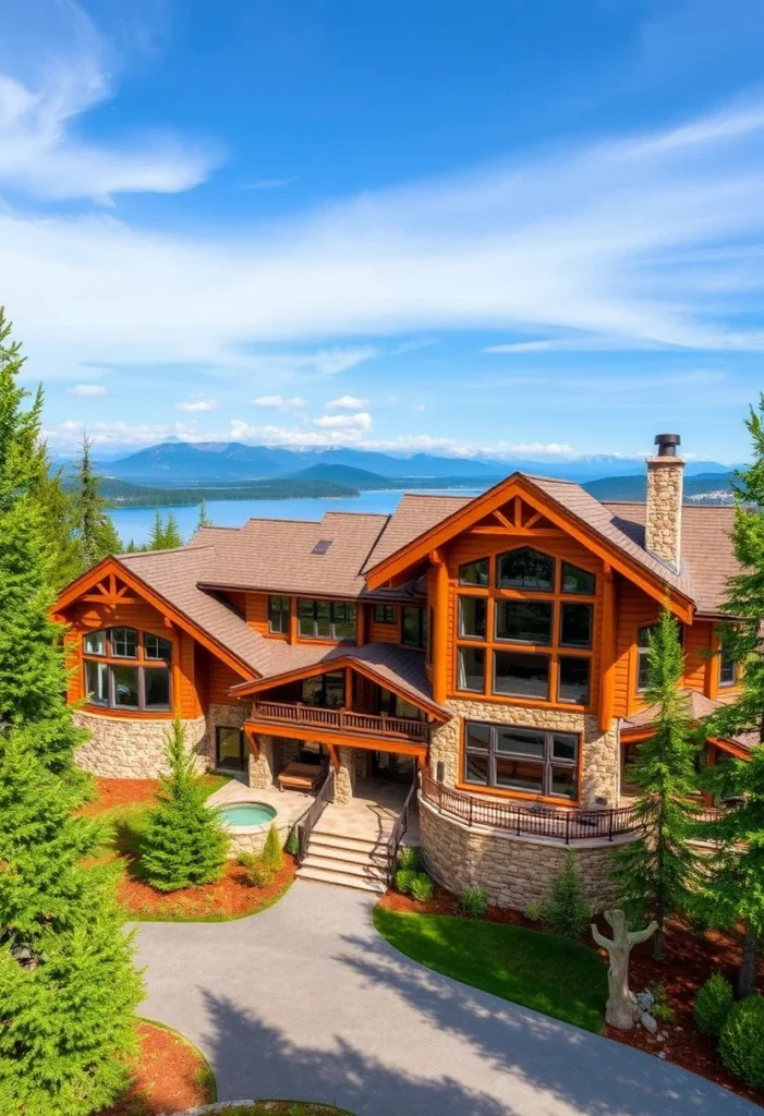 A large wooden mountain home with a stone base, a hot tub, and a lake and mountains in the distance.