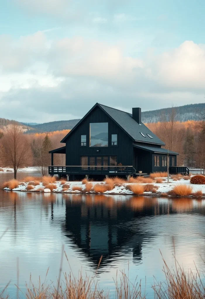 Black house by a forested hillside with snow and a reflective lake.