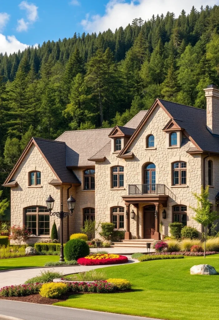 Charming vintage-style lamp posts add a touch of elegance and warmth to the stone mansion's walkway, enhancing the inviting atmosphere of the beautiful front yard.