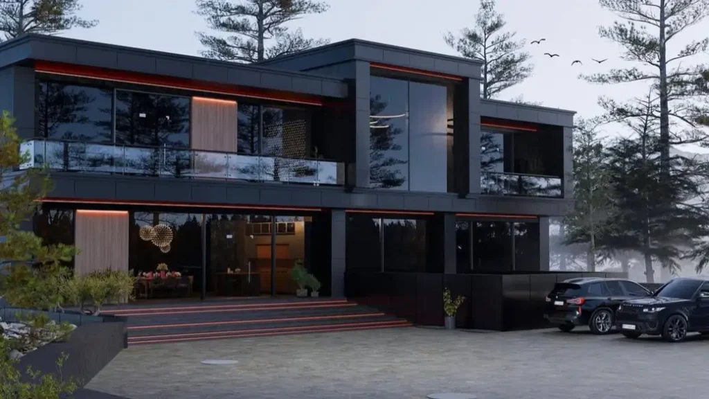 A sleek modern black house design at night, highlighted by integrated architectural LED lighting.