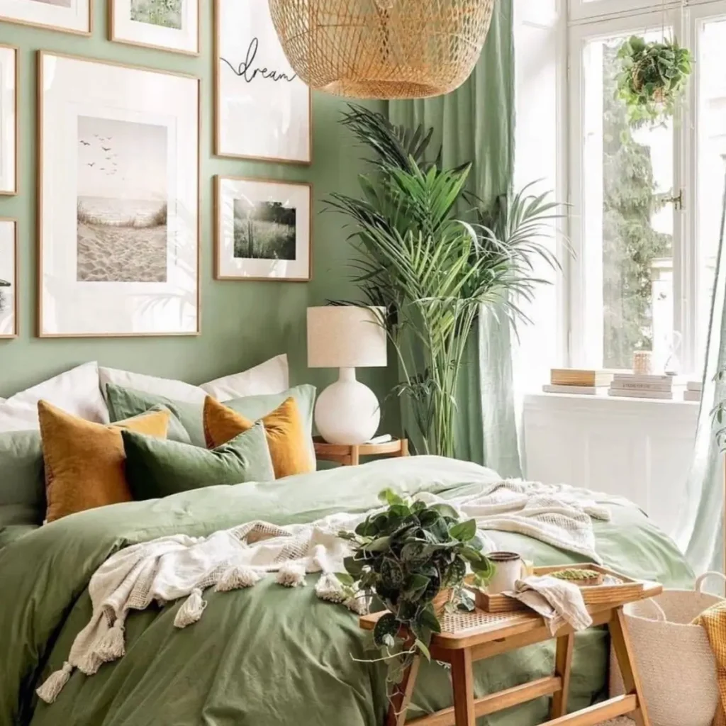 A cozy bedroom with sage green walls, olive green bedding, and a nature-themed gallery wall above the bed.