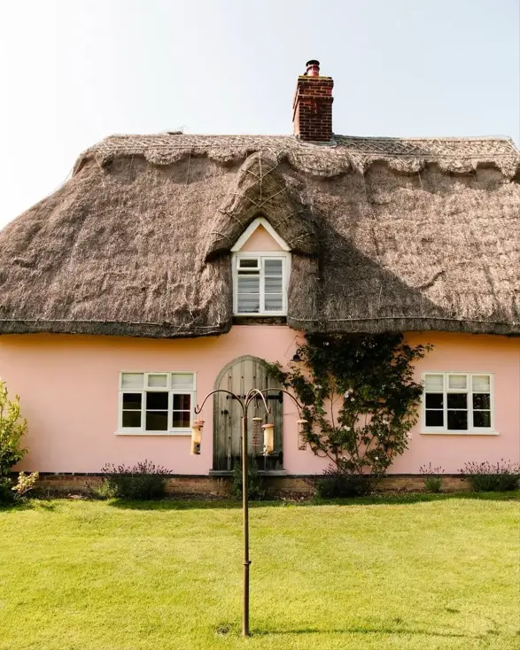 A charming pink thatched British country house with a rustic wooden door and a green lawn.