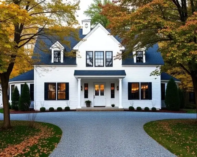 A symmetrical white farmhouse with a dark roof and black shutters, framed by autumn trees, with a gray gravel driveway leading to the front door.